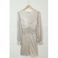 Apricot Deep V Neck Lantern Sleeve Sequin Dress