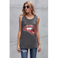 Leopard Lips Distressed Boyfriend Tank In Black