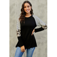 Black Striped and Leopard Color Block Sleeves Top