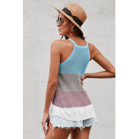 Sky Blue Color Block Striped Knit Tank Top