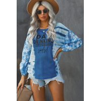 Sky Blue Letter Print Cut-out Tie Dye Lantern Long Sleeve Top