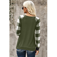 Green Plaid Splicing Sequined Pocket Long Sleeve Top