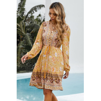 Yellow V-neck Floral Print Long Sleeve Tunic Mini Dress