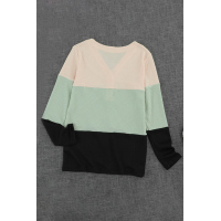 V-neck Color Block Button Waffle Knit Pullover