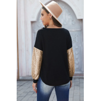 Sequin Splicing Black V Neck Bishop Sleeves Top