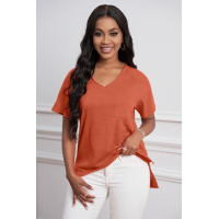 Orange V Neck Short Sleeves Cotton Blend Tee with Front Pocket and Side Slits