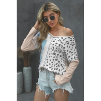 Apricot V Neck Tie-dye&Leopard Splice Waffle Knit Long Sleeve Top