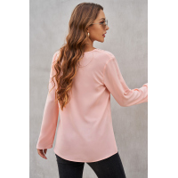 Pink Lace V Neck 3/4 Sleeves Blouse