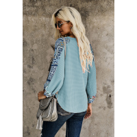 Sky Blue Contrast Eyelet Thermal Knit Top