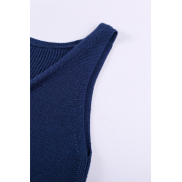 Blue V Neck Striped Pattern Knit Tank Top with Buttons