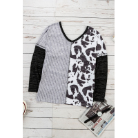 Gray Spot Print Color Block Blouse