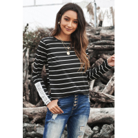 Black Striped Long Sleeve Top with Lace Button Detail