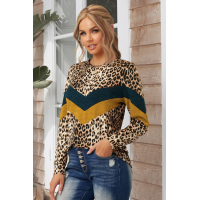 Chevron Colorblock Splicing Leopard Long Sleeve Top