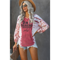 Pink Letter Print Cut-out Tie Dye Lantern Long Sleeve Top