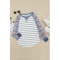 Plaid Raglan Sleeve Striped Top