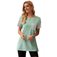 Green Striped Short Sleeve Contrast Color T-Shirt with Pocket