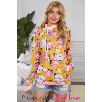  Yellow Cowl Neck Floral Print Hoodie with Striped Detail