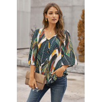 Green Tropical Leaf Print Button Up Blouse