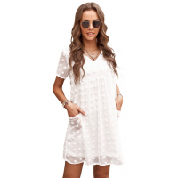 White V Neck Pompom Babydoll Style Short Sleeves Flowy Mini Dress