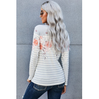 White Floral Striped Print Long Sleeve Top