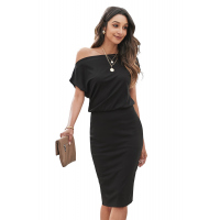 Black Boat Neck Knit Midi Dress 