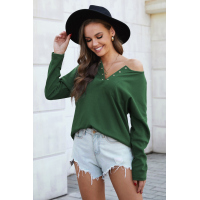 Green V Neck Washed Grommet Top