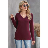 Wine V-neck Button Solid Color Long Sleeve Top