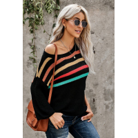 Multicolor Stripes Print Black Knit Top