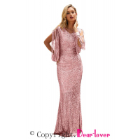 Pink Sequin Fringe Sleeve Prom Maxi Dress