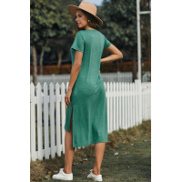 Green Casual Short Sleeve T-shirt Midi Dress with High Splits