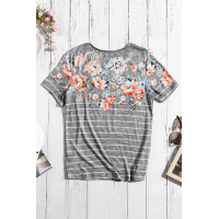 Gray Spring Vibe Floral & Stripe Tee