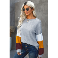 Gray Colorblock Lantern Sleeve Blouse