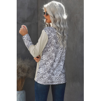 Beige Leopard Splicing Button Long Sleeves Top