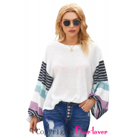 White Striped Colorblock Long Sleeve Knit Top