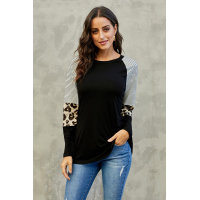 Black Striped and Leopard Color Block Sleeves Top