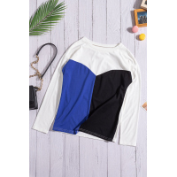 Blue Color Block Splicing O-Neck Blouse