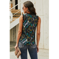 Black V Neck Lace Trim Floral Tank