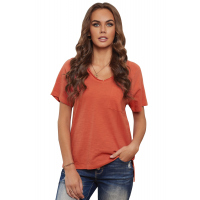 Orange V Neck Short Sleeves Cotton Blend Tee with Front Pocket and Side Slits