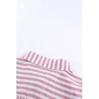 Pink Short Sleeve Buttoned Striped Print Blouse