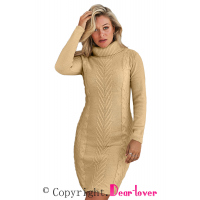 Khaki Hand Knitted High Neck Sweater Dress