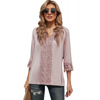 Pink 3/4 Sleeves Crochet Detail V Neck Blouse