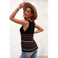 Black V Neck Striped Pattern Knit Tank Top with Buttons