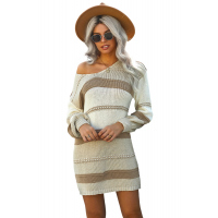 Beige Color Block Cable Knit Sweater Dress