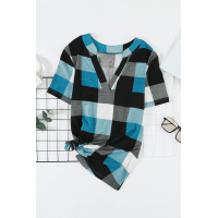 Sky Blue Plaid Pattern V Neck Short Sleeve Top