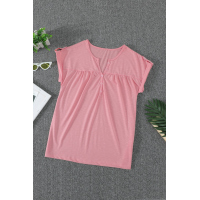 Pink Buttoned Detail Cotton Blend Short Sleeve T-shirt