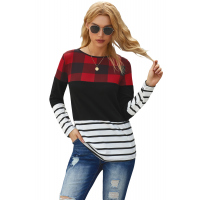 Red Plaid Splicing Striped Color Block Long Sleeve Top