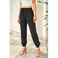 Black Drawstring Elastic Waist Pull-on Casual Pants with Pockets