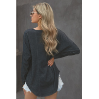 Gray V Neck Washed Grommet Top