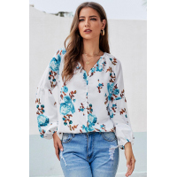 Green Ballon Sleeve Floral Shirt Top