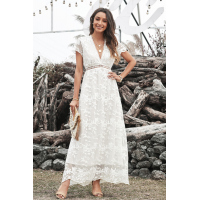 White V Neck Lace Maxi Dress